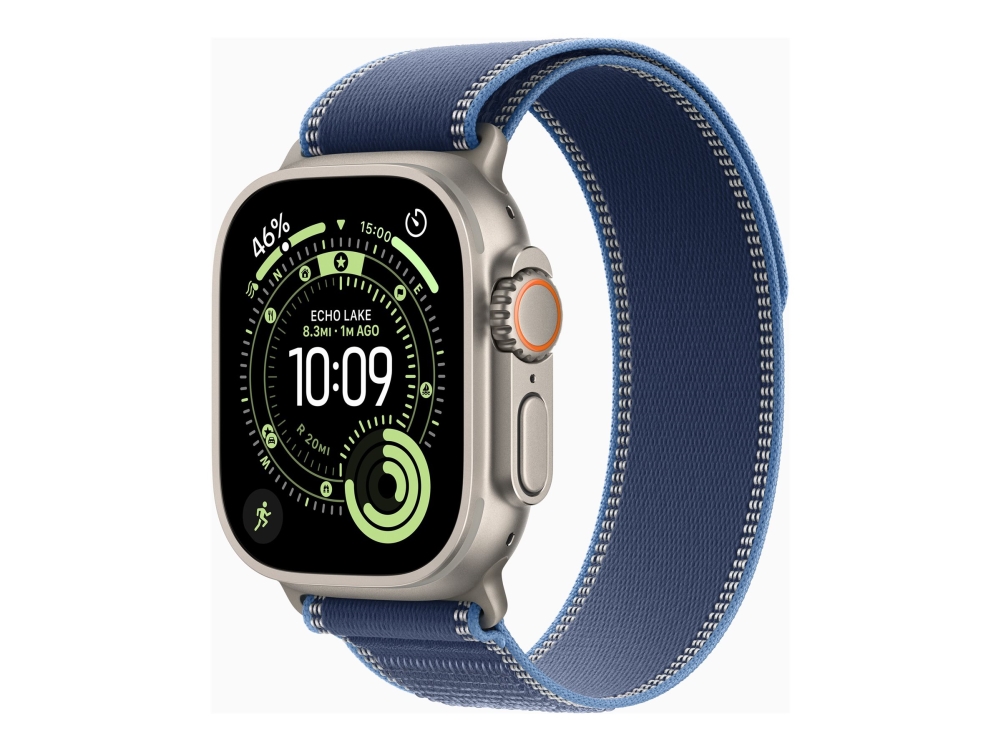 Apple Watch Ultra 3 - 49 Mm - Naturlig Titanium - Ja Smart Ur Med Trail Loop - Nylonflet - Blå/Lyseblå - Båndstørrelse: S/M - 64 Gb - Lte, Nfc, Wi-Fi