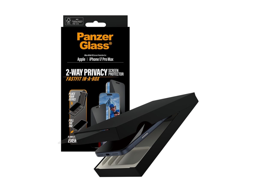 PanzerGlass ® 2-Way Privacy Screen Protector iPhone 17 Pro Max | Ultra-Wide Fit w. FASTFIT IN-A-BOX, Apple, Apple - iPhone 17 Pro Max, Asennus kuivana, Naarmuuntumisenkestävä, Iskunkestävä, Läpinäkyvä, 1 kpl