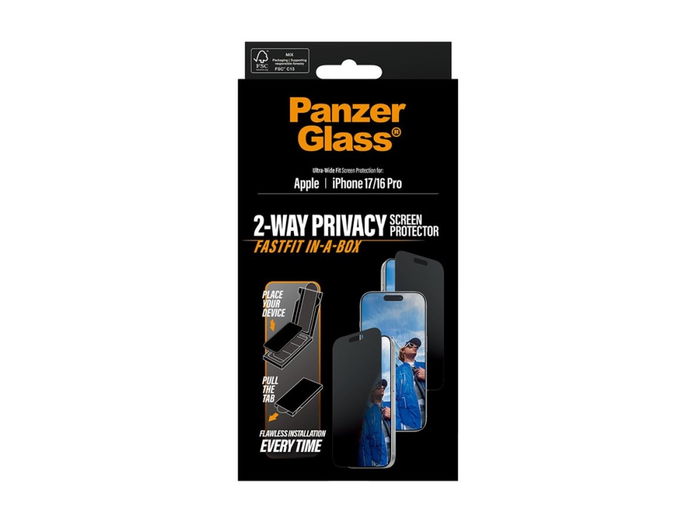 PanzerGlass - Skærmbeskytter for mobiltelefon - ultra-bred pasform med FASTFIT IN-A-BOX - glas - med fortrolighedsfilter - 2-vejs - rammefarve sort - for Apple iPhone 16 Pro, 17