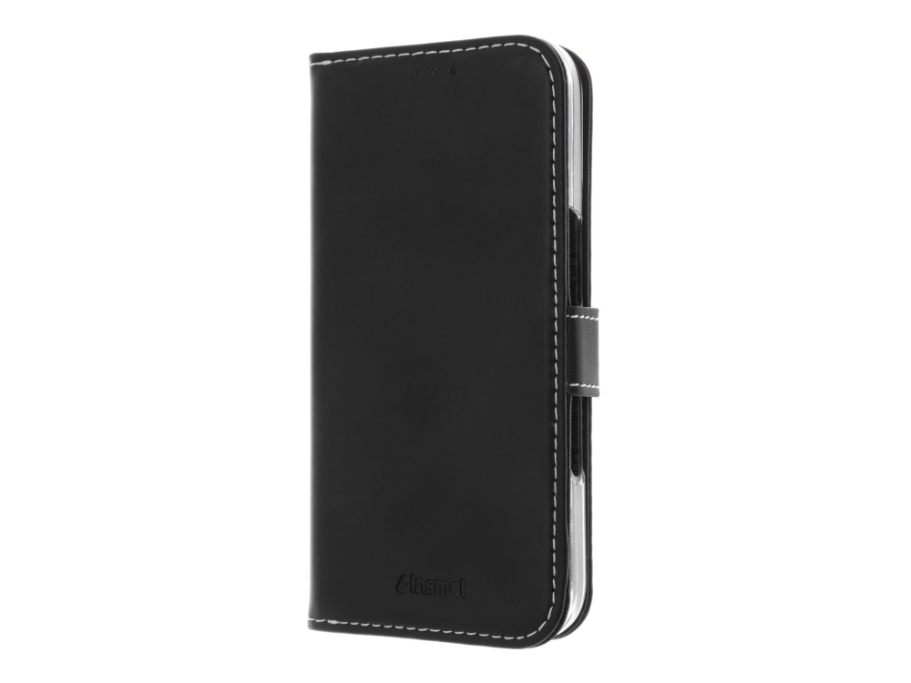 Insmat Exclusive - Flipomslag Til Mobiltelefon - Ægte Læder, Pap+Papir, Bomuldssyninger, Aluminumfolie, Polycarbonat (Pc) - Sort - For Apple Iphone 1