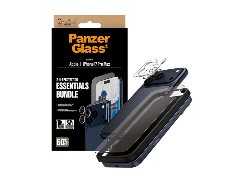 PanzerGlass - 2-i-1 Essentials Bundle - skærm / linse beskyttelsessæt for mobiltelefon - glas - rammefarve sort - for Apple iPhone 17 Pro Max