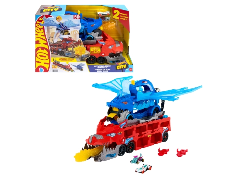 Hot Wheels City JBM72 Ultimate Dual Dragon Hauler lekset, 2 bilar 1:64