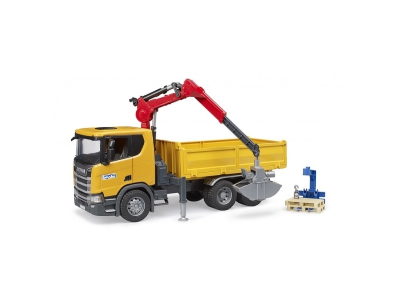 Bruder Scania Super 560R Construction truck with crane and 2 pallets toy