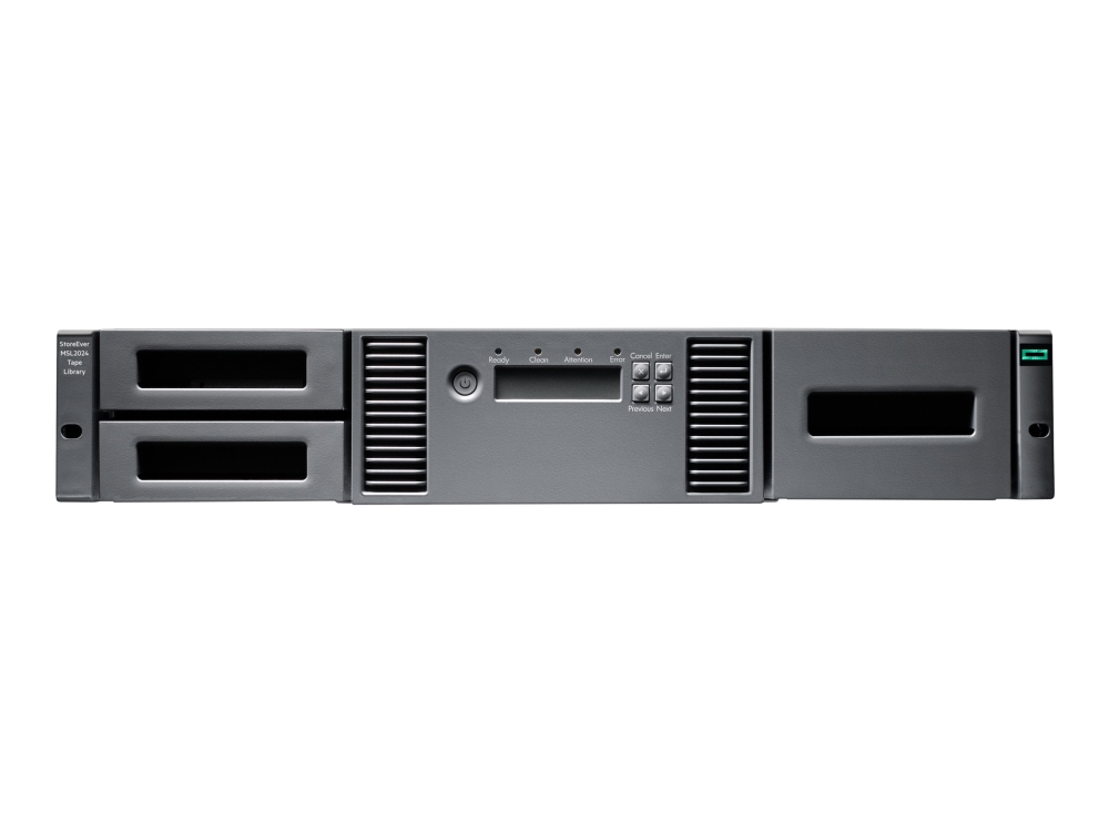HPE Storage MSL2024 - Båndbibliotek - 432 TB / 1.08 PB - udvidelsesenheder: 24 - LTO Ultrium (18 TB / 45 TB) x 1 - Ultrium 9 - max. antal enheder: 2 - Glasfiberkanal - rackversion - 2U - stregkodelæser, kryptering