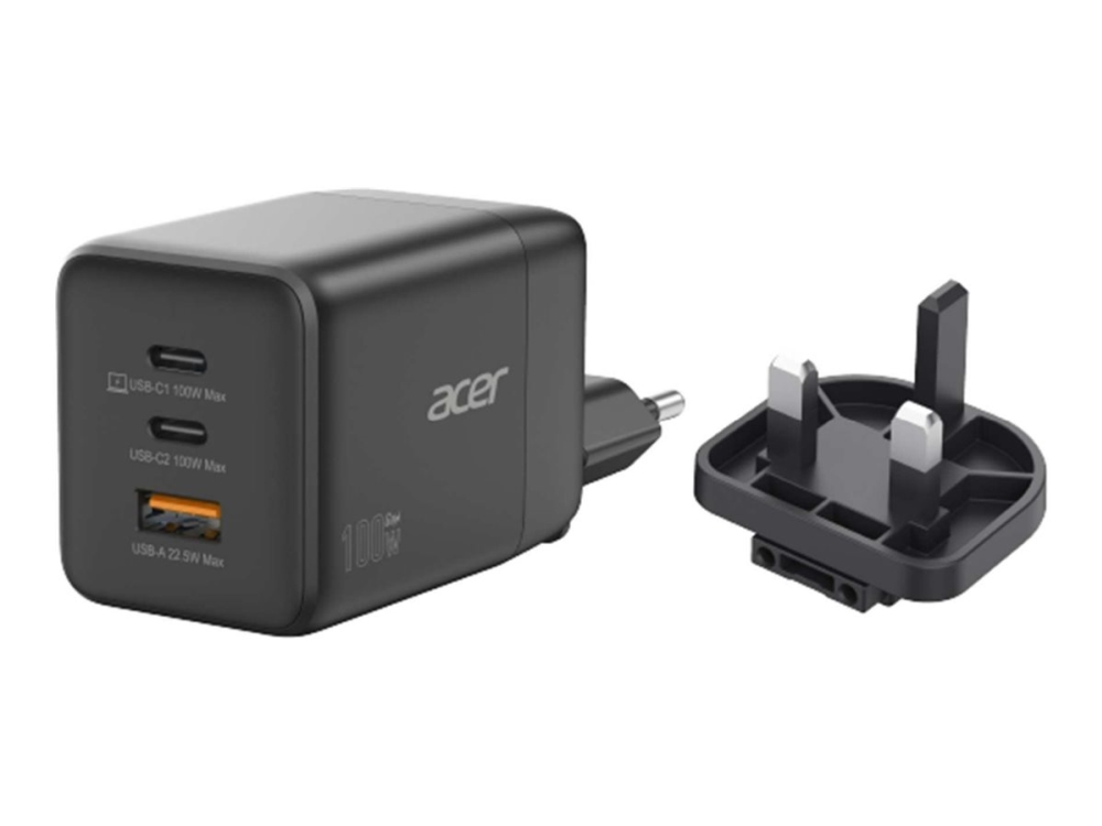 Acer - Strømforsyningsadapter - PPS og GaN-teknologi - 100 Watt - PD 3.0 - 3 output-stikforbindelser (USB, 2 x USB-C) - på kabel: USB-C
