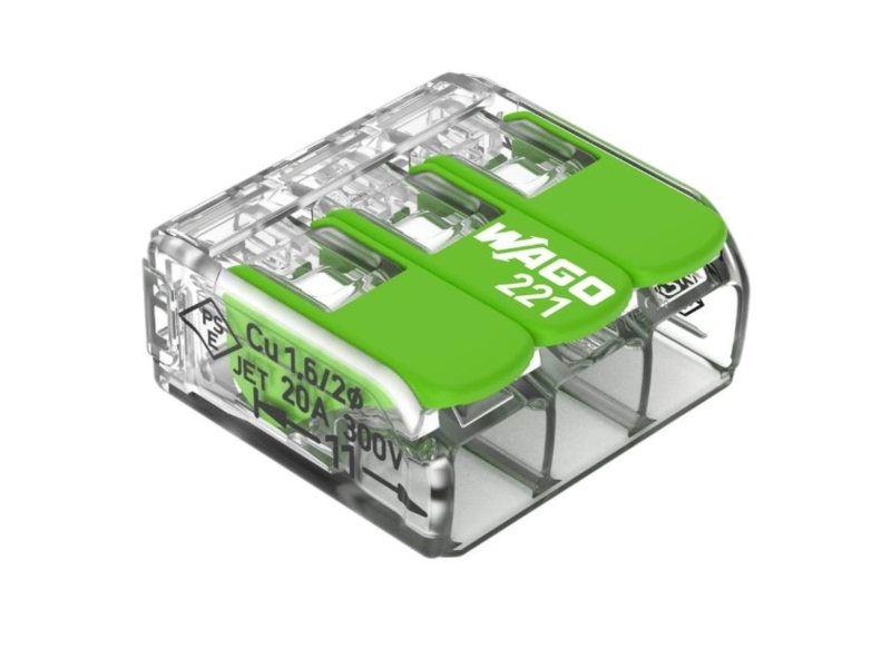 Wago 221 grön 3-vägs svetsklämma, tvärsnitt 0,2-4mm2, 32A, 450V, med manöverhandtag, transparent - (50 st.) | EL Artiklar - Andra EL - Samlare dosor och församlingar | GameStuff