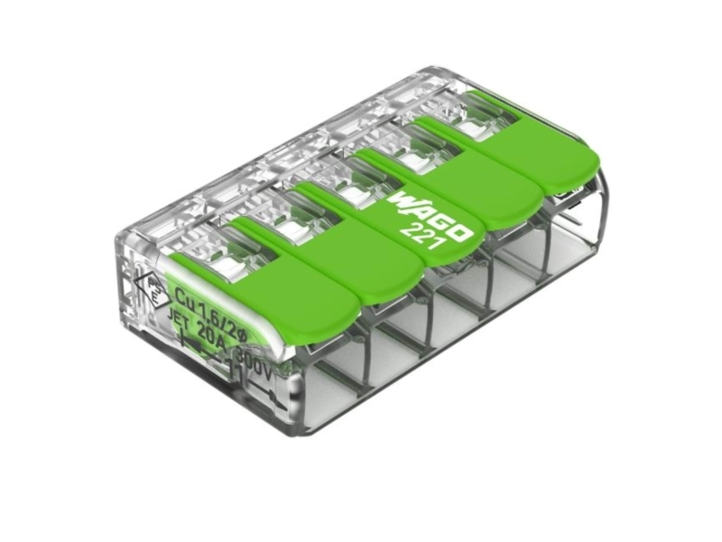 Wago 221 grön 5-vägs svetsklämma, tvärsnitt 0,2-4mm2, 32A, 450V, med manöverhandtag, transparent - (25 st.) | EL Artiklar - Andra EL - Samlare dosor och församlingar | GameStuff