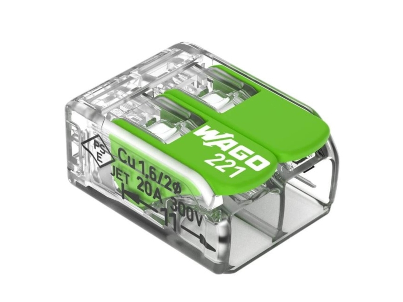 Wago 221 grön 2-vägs svetsklämma, tvärsnitt 0,2-4mm2, 32A, 450V, med manöverhandtag, transparent - (100 st.) | EL Artiklar - Andra EL - Samlare dosor och församlingar | GameStuff