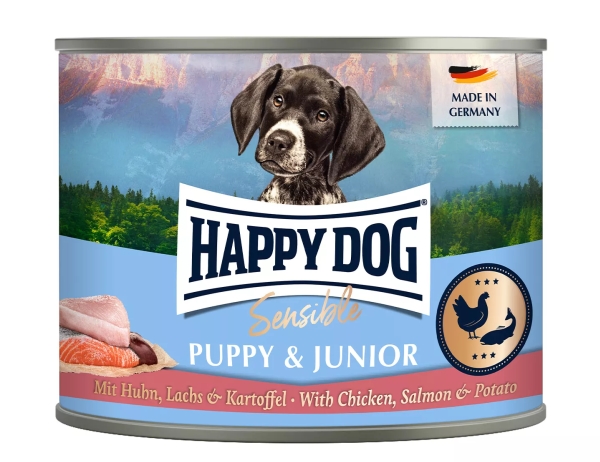 Sensible Puppy & Junior vådfoder til hund - kylling, laks og kartoffel 200 g, dåse