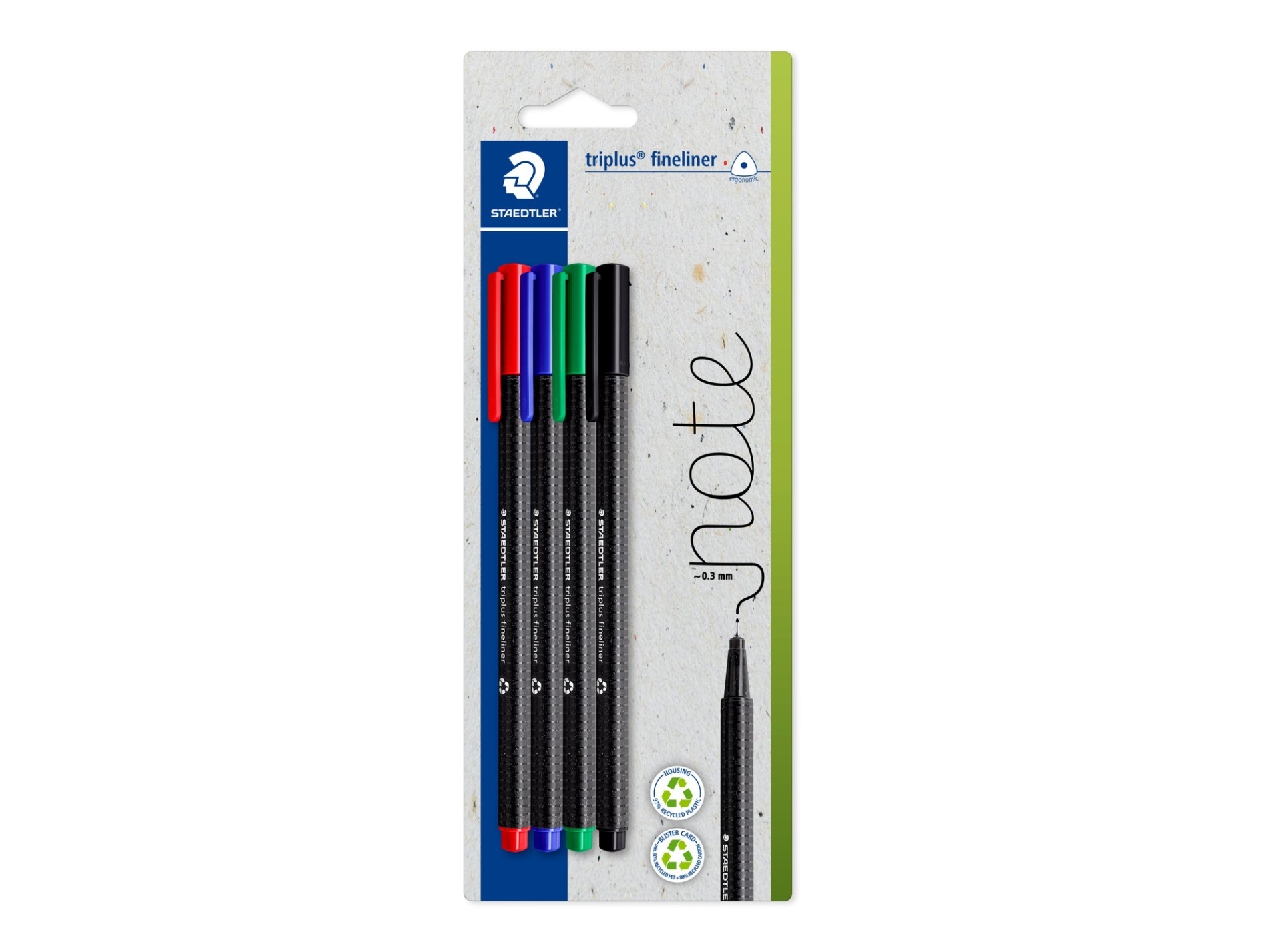 Staedtler 334-S Bk4, Schwarz, Blau, Grün, Rot, Schwarz, Blau, Grün, Rot, 0,3 Mm, Ultrafein, Recycelbarer Kunststoff, Rund