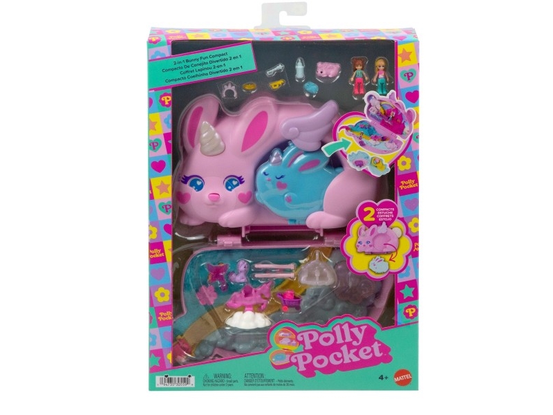 Polly Pocket 2-In-1-Bunny Fun Schatulle, Tragbares Taschen-Spielset Mit 2 Puppen Und 12 Zubehörteilen Inklusive Tieren