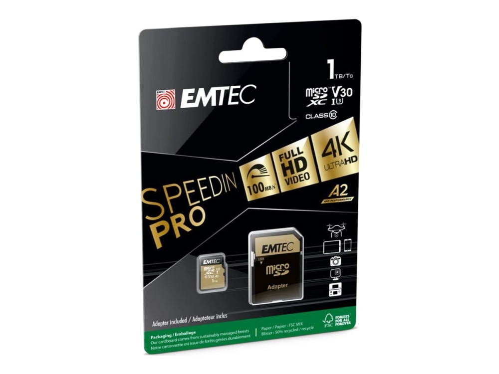 Emtec Speedin' Pro - Flashhukommelseskort (Sd Adapter Inkluderet) - 1 Tb - A2 / Video Class V30 / Uhs-I U3 / Class10 - Microsdxc Uhs-I