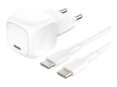 Belkin Boostcharge - Strømforsyningsadapter - Kompakt - 20 Watt - Fast Charge, Pd 3.1/Pps (Usb-C) - På Kabel: Usb-C - Hvid - Med Usb-C-Kabel (1 M)