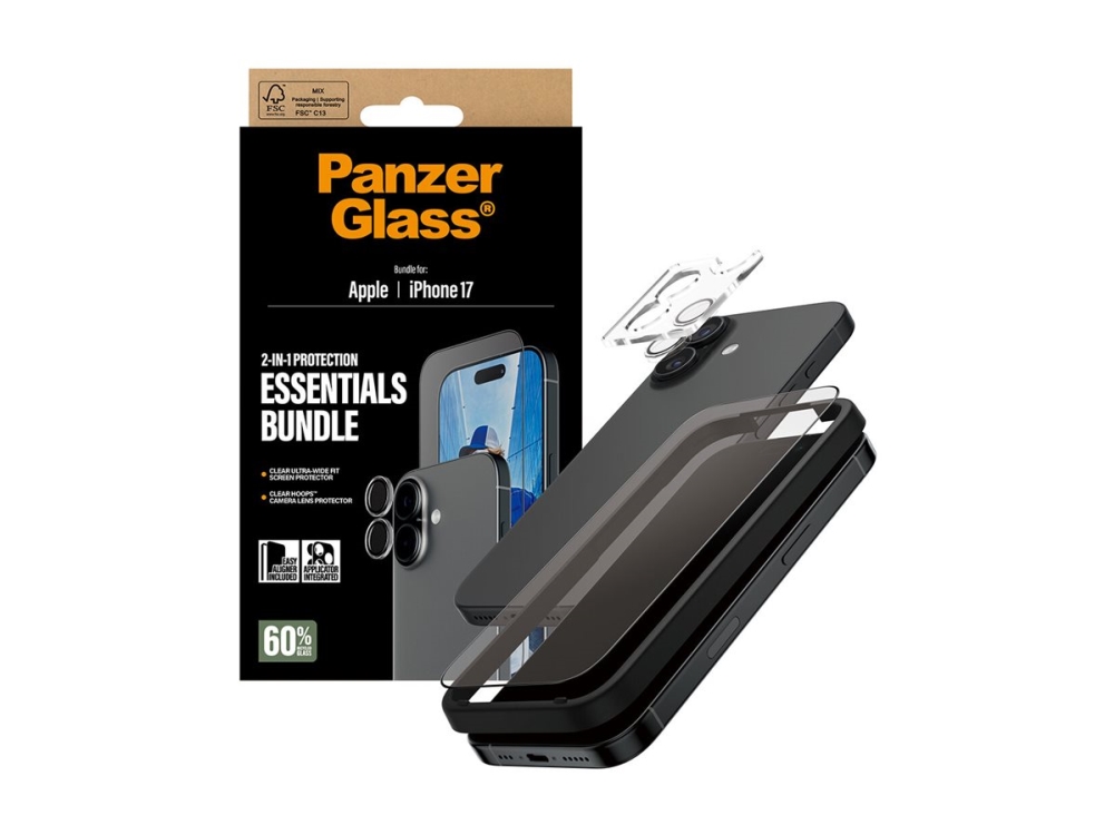 PanzerGlass - 2-i-1 Essentials Bundle - skærm / linse beskyttelsessæt for mobiltelefon - glas - rammefarve sort - for Apple iPhone 17