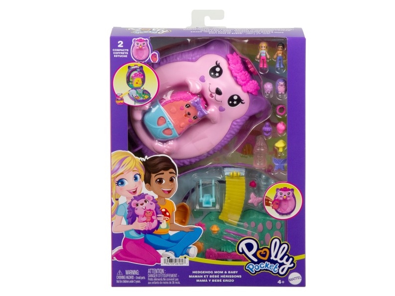 Polly Pocket Mama & Baby Igel Handtaschen-Spielset Mit 2 Puppen & 16 Accessoires Inklusive Haustieren