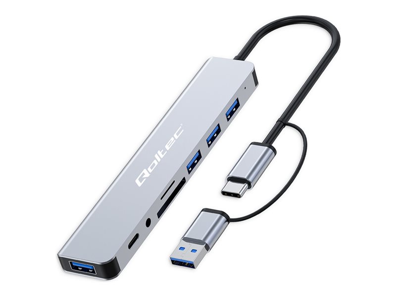 Qoltec - Hubb - 8-i-1, USB-C/USB - 1 x SuperSpeed USB 3.0 + 3 x USB 2.0 + 1 x USB-C + 1 x ljud - skrivbordsmodell