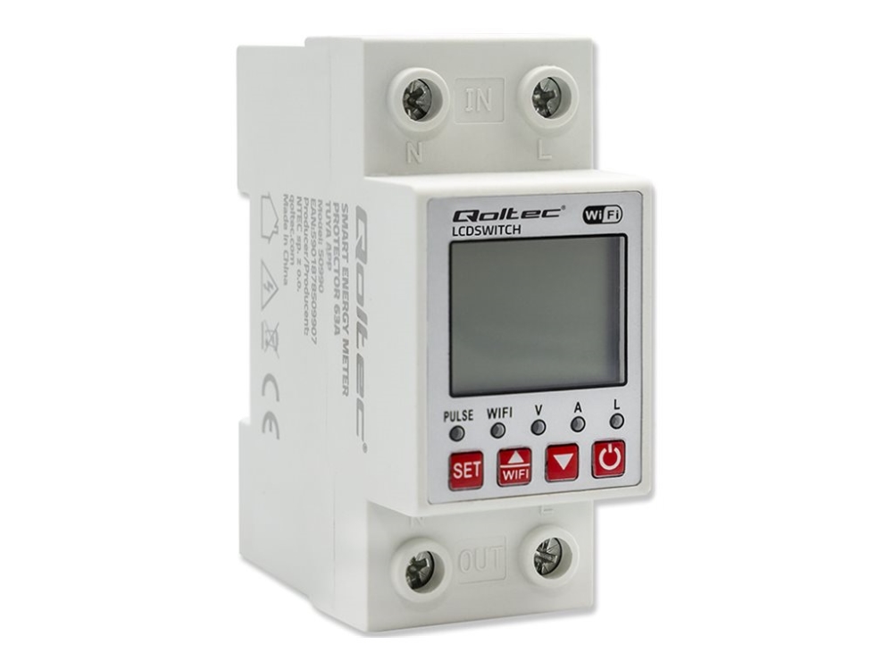 Qoltec 63A DIN-kiskorele sähkömittarilla | Ajastin | Tuya | Wi-Fi | LED