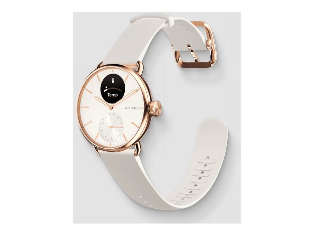 Withings ScanWatch 2 - 38 mm - rustfrit stål - hybrid-smartwatch med bånd - fluoroelastomer - håndledsstørrelse: 146-211 mm - monokrom - Bluetooth - 34.6 g - sand