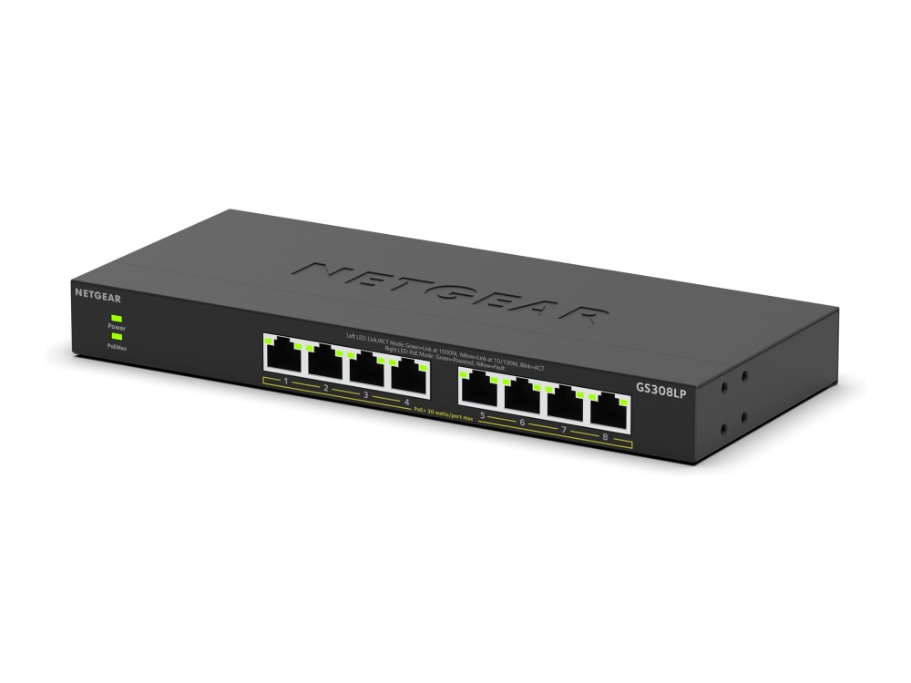 Netgear 8-Port Poe Gigabit Ethernet Unmanaged Essentials Switch (Gs308lp): Mit 8 X Poe+ Bei 60 W, Erweiterbar, Desktop-, Wand- Oder Rack-Befestigung