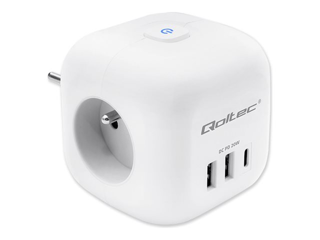 Qoltec Power Cube 6In1 Extender Mit Beleuchtetem Schalter | 3X Ac | 2X Usb | 1X Usb-C Pd 20W | Weiß