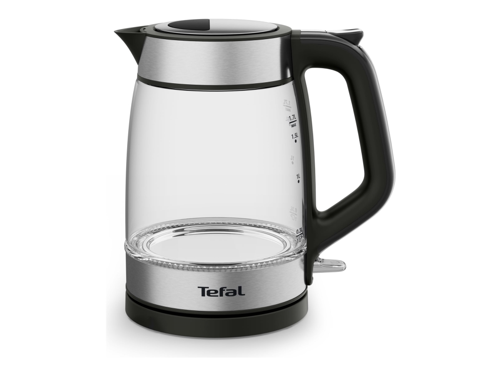 Tefal Glass Kettle Glas-Wasserkocher Ki6058, 1,7 L, 2200 W, Schwarz, Silber, Transparent, Glas, Wasserstandsanzeige, Drahtlos
