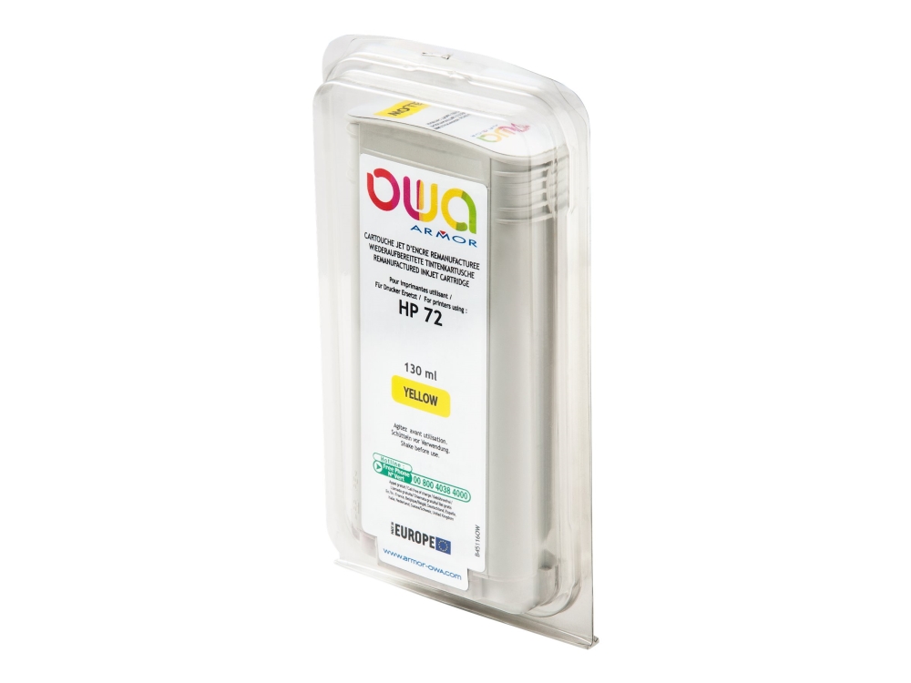 Owa - 130 Ml - Gul - Kompatibel - Genproduceret - Blækpatron (Alternativ Til: Hp 72) - For Hp Designjet T1100, T1100ps, T1200, T1200ps, T1300, T610,