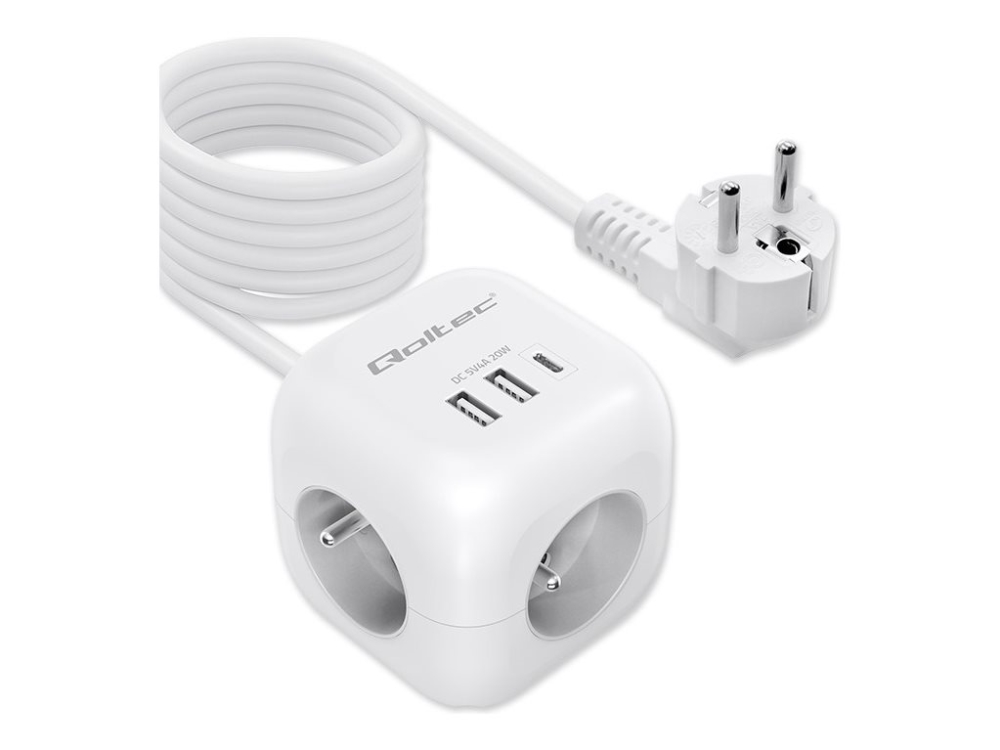 Qoltec 6In1 Power Extension Cube Mit Beleuchtetem Schalter | 3X Ac | 2X Usb | 1X Usb-C Pd 20W | Weiß | 2M Kabel