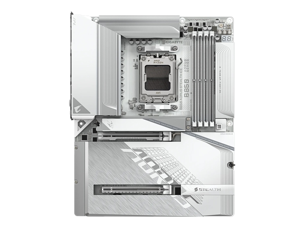 AORUS B850 STEALTH ICE - Moderkort - ATX - LGA1851-uttag - AMD B850 Chipuppsättning - USB 3.2 Gen 1, USB-C 3.2 Gen2, USB-C 3.2 Gen 2x2, USB 3.2 Gen 2 - Bluetooth, Wi-Fi 7, 5 Gigabit Ethernet - inbyggda grafiken (CPU krävs) - HD-ljud (8 kanaler) | Datorkomponenter - Moderkort - Alla Moderkort | GameStuff