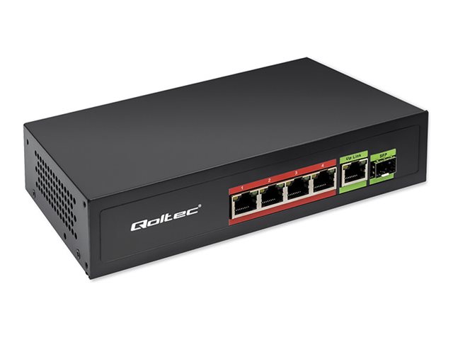 Qoltec Switch Fast Ethernet Poe 4X Rj45 Poe 1X Rj45 Uplink 1X Sfp | 65W | 1000 Mb