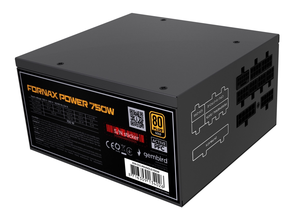 Gembird CCC-PSUGOLD-750W - Strømforsyning (intern) - ATX - 80 PLUS Gold - AC 100-240 V - 750 Watt - aktiv PFC - sort pulverlakeret