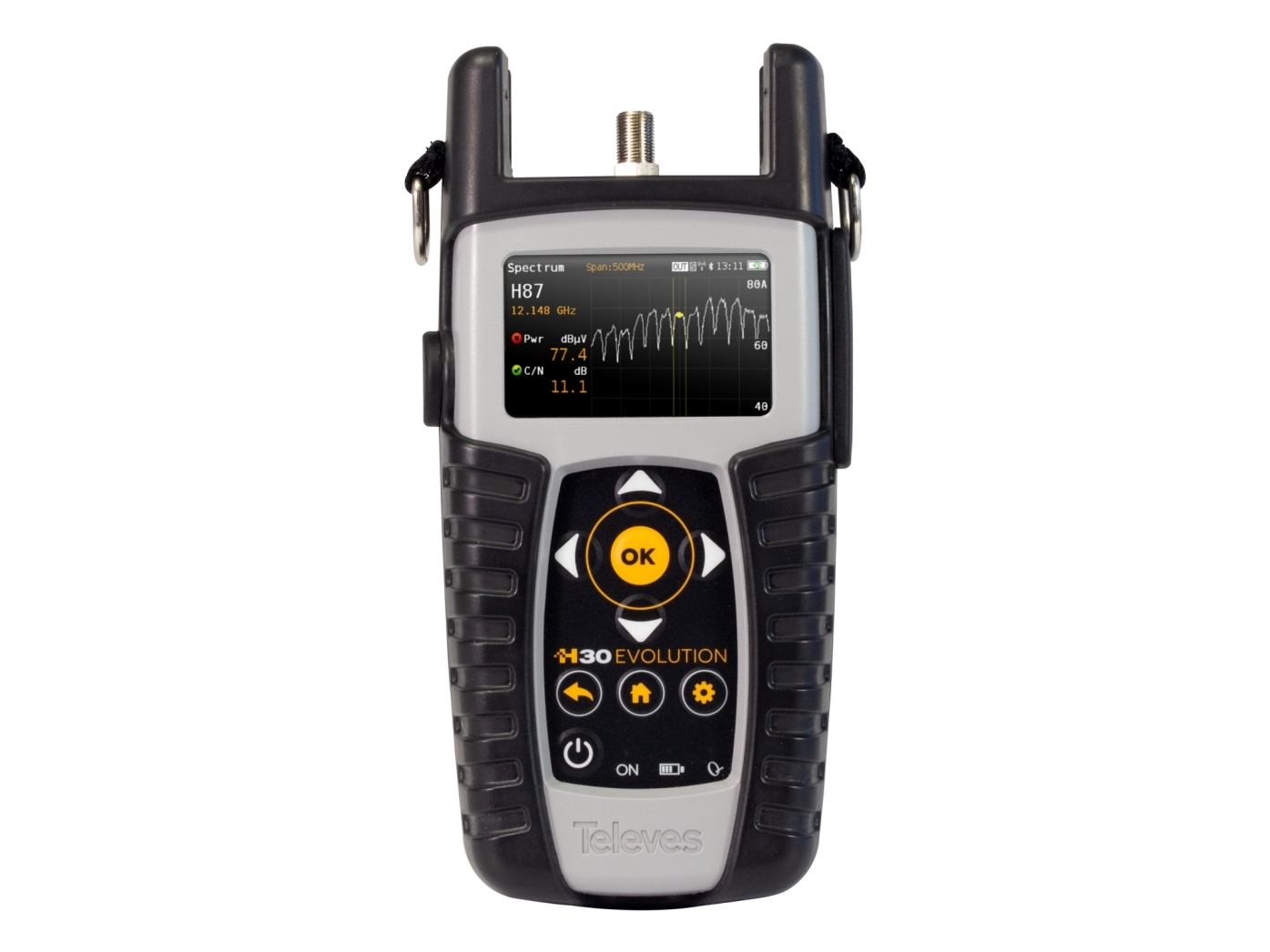 Televes H30Evolution, DVB-C, DVB-S, DVB-S2, 50 - 2400 MHz, 8PSK, 16-QAM, 32-QAM, 64-QAM, 128-QAM, 256-QAM, QPSK, 10 dB, F, Batteri