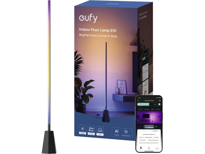Eufy Zimmer-Stehlampe E10, Intelligent Gulvbelysning, Wi-Fi, Sort, Lineær, Kold Hvid, Flere, Varm Hvid, 1500 K