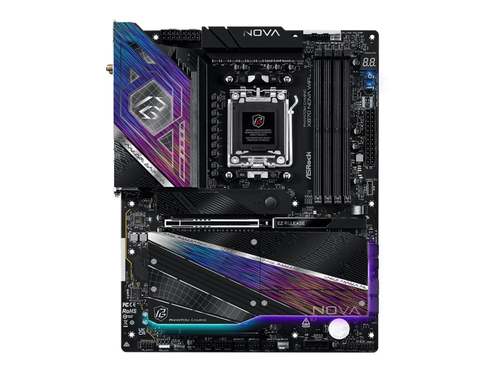 ASRock Phantom Gaming X870 NOVA WiFi - Moderkort - ATX - Socket AM5 - AMD X870 Chipuppsättning - USB4, USB 3.2 Gen 1, USB 3.2 Gen 2, USB-C 3.2 Gen 2x2 - 5 Gigabit Ethernet, Wi-Fi 7, Bluetooth - inbyggda grafiken (CPU krävs) - HD-ljud (8 kanaler) | Datorkomponenter - Moderkort - AMD Moderkort | GameStuff