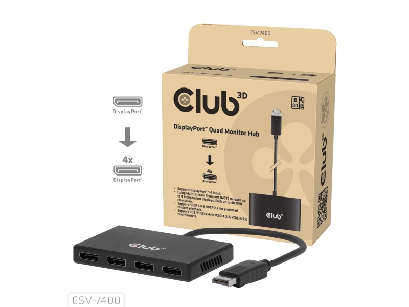 CLUB3D CSV-7400, DisplayPort, 4x DisplayPort, 1 g, 40 g, 5 g, 200 g | Datortillbehör - Kablar & adaptrar - USB-hubbar | GameStuff