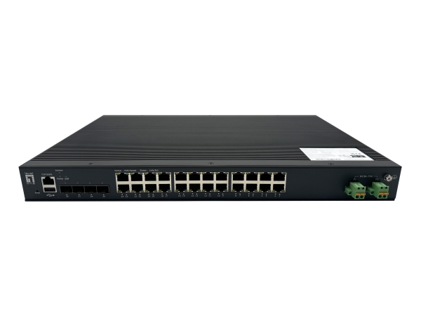 Levelone 28-Port L2+ Managed Poe Industrial Switch, 4 X 1/2.5/10Gbe Sfp+, 24 Poe-Ausgänge, 370 W, 802.3Af/At/Bt Poe, 19" Rack-Mount, -40°C Bis +80°C,