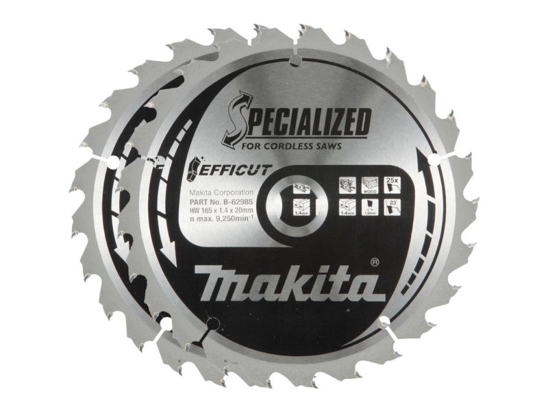 Makita cirkelsågblad EFFICUT B-62985-2, Ø 165 mm, 25 tänder, 2 st, 20 mm hål, för sladdlösa sågar | Elverktyg - Sågblad - Cirkelsågsklinga | GameStuff