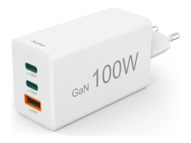 Hama - Strømforsyningsadapter - GaN, 2 USB-C, USB-A, PD - AC 100-240 V - 100 Watt - output-stikforbindelser: 3 - hvid