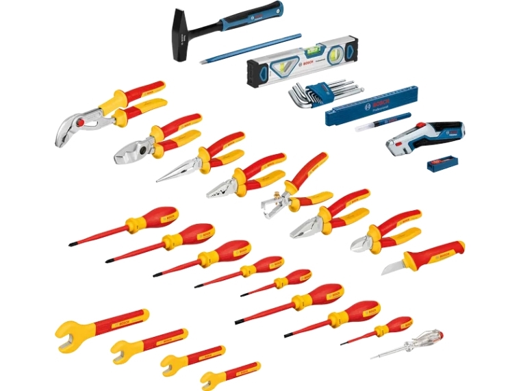 Bosch 1.600.A02.Ng4, Einstellbarer Schlüssel, Sechskantschlüssel, Seitenschneider, Spitzzange, Normale Zangen, Blau, Orange, Rot, Blau, 37 Werkzeug