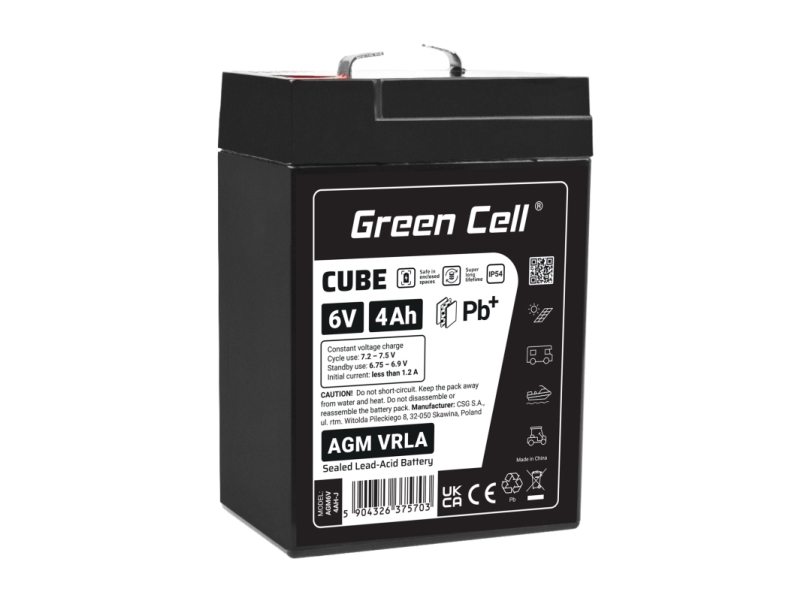 Green Cell AGM6V4AH-J, Blybatterier (VRLA), 6 V, 1 stk, Sort, 4 At, 5 År