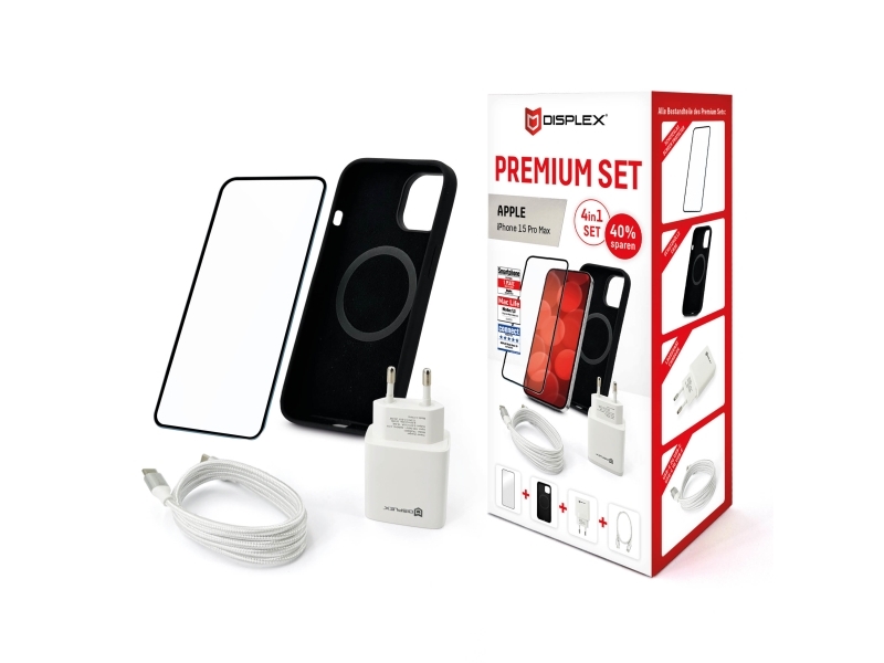 Displex Premium Set, Transparent, Sort, Hvid, Silikone, Ridseresistent, Slagbestandig, Apple, Iphone 15 Pro Max, 244 G