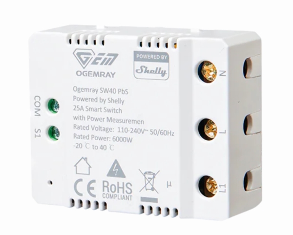 Shelly SHELLY_PBS_SW40, Smart relä, Vit, HTTPS, TLS, 6000 W, 25 A, 110 - 240 V | Foto och video - Videoövervakning - Övervakningsutrustning | GameStuff