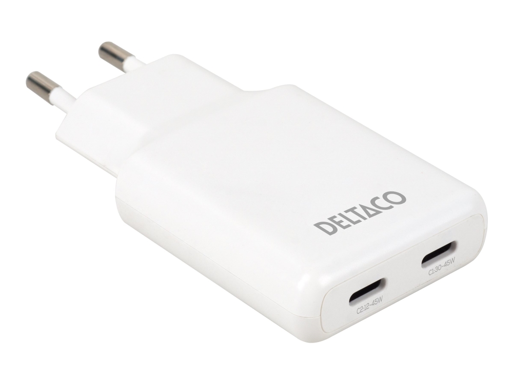 Deltaco - Strømforsyningsadapter - Tynd - 45 Watt - 3 A - Pd/Pps, Sfc - 2 Output-Stikforbindelser (2 X Usb-C) - Hvid