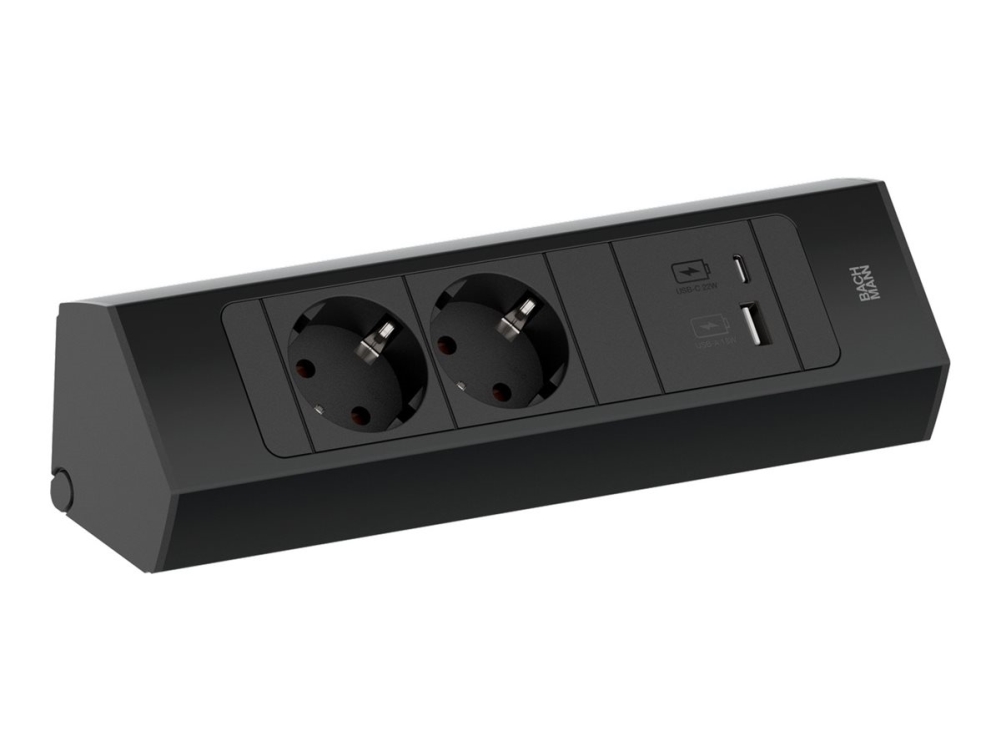 Bachmann Casia 2 - Stikdåse (Vægmonterbar/Overflademonterbar) - Kort - Output-Stikforbindelser: 2 (2 X Type F, 24 Pin Usb-C, Usb) - 2 M Ledning - Sor