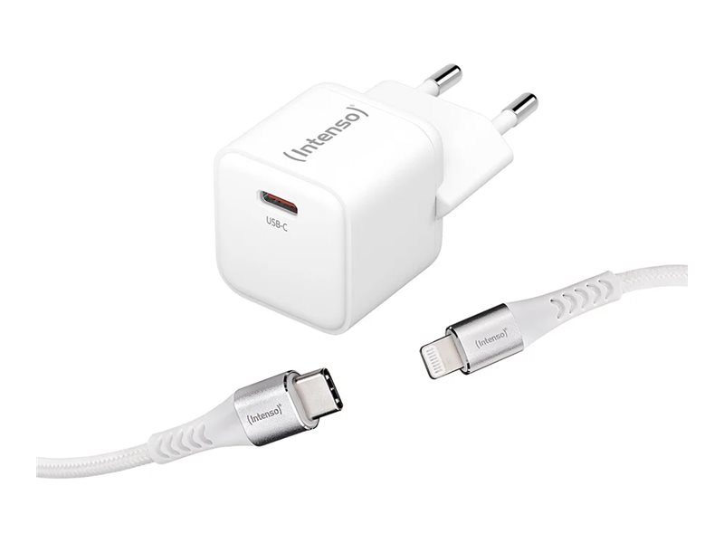 Intenso W30c - Strømforsyningsadapter - Gan - (Lightning-Kabel) - 30 Watt - 3 A - Pd 3.0, Qc 4.0, Pd/Pps (Usb-C) - Mfi Certified - Hvid
