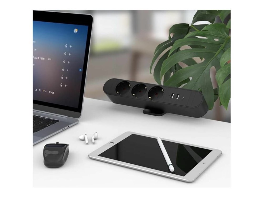 Microconnect - Steckdose (Klemmbar) - 5 / 9 / 12 V - 30 Watt - Eingang: Strom Cee 7/7 - Ausgang: 6 (3 X Cee 7/7, Usb, 2 X Usb-C) - 1,8 M Kabel - Schw