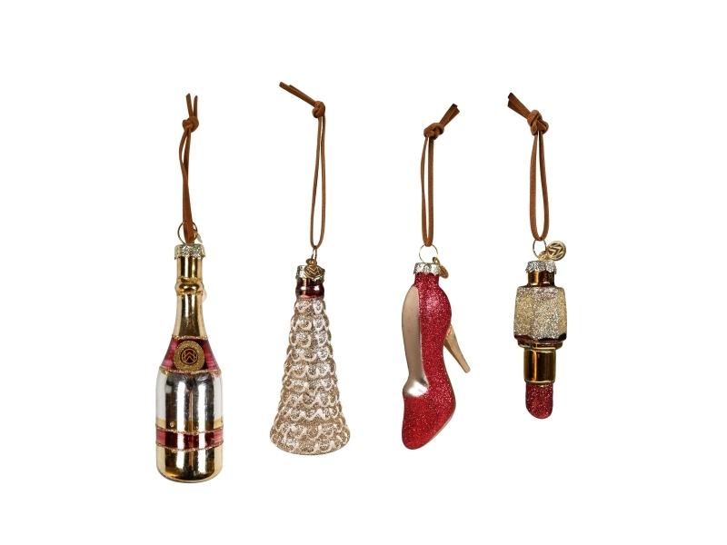 Det Gamle Apotek Champagneflaska, krans, stilett och läppstift för upphängning, h10cm, l8cm, mascha | Julen - För julgranen - Konstgjorda julgranar | GameStuff