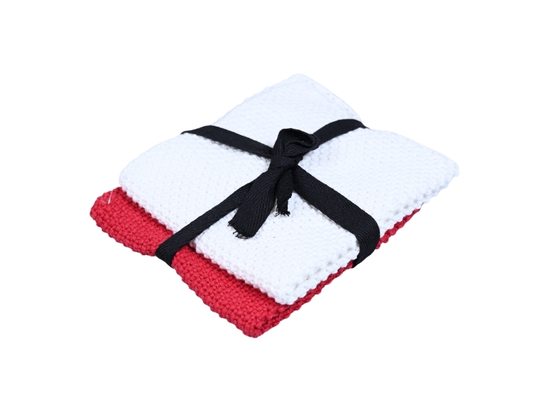 Det Gamle Apotek Strikkede karklude, h25xw25cm, 100% bomuld oeko-tex, 2/set, rød/hvid