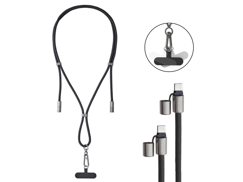 Intenso Usb-C Charging Lanyard – Phone Necklace Cable, 60W Fast Charging, Adjustable Length, 1.65 M Nylon, Usb-C To Usb-C, Black, 1.65 M, Usb C, Usb