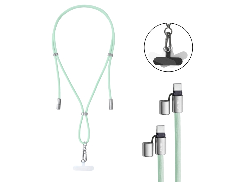 Intenso Usb-C Charging Lanyard – Phone Necklace Cable, 60W Fast Charging, Adjustable Length, 1.65 M Nylon, Usb-C To Usb-C, Green, 1.65 M, Usb C, Usb
