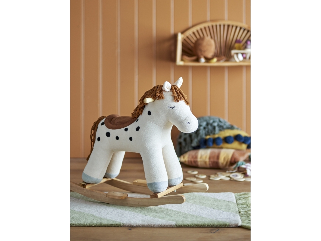 Gyngehest Bloomingville Mini Merlen 56x34x70 cm i hvid med prikker - polyester og bøgetræ